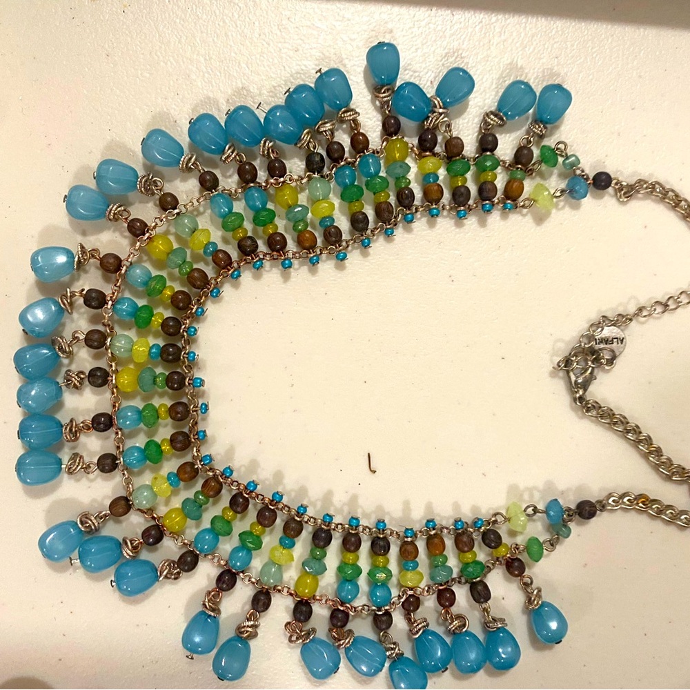Crystal multicolored silver tone bib necklace